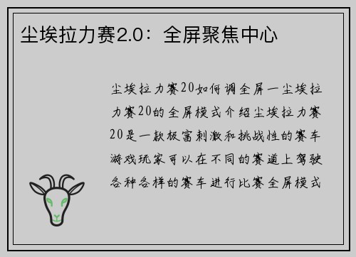 尘埃拉力赛2.0：全屏聚焦中心